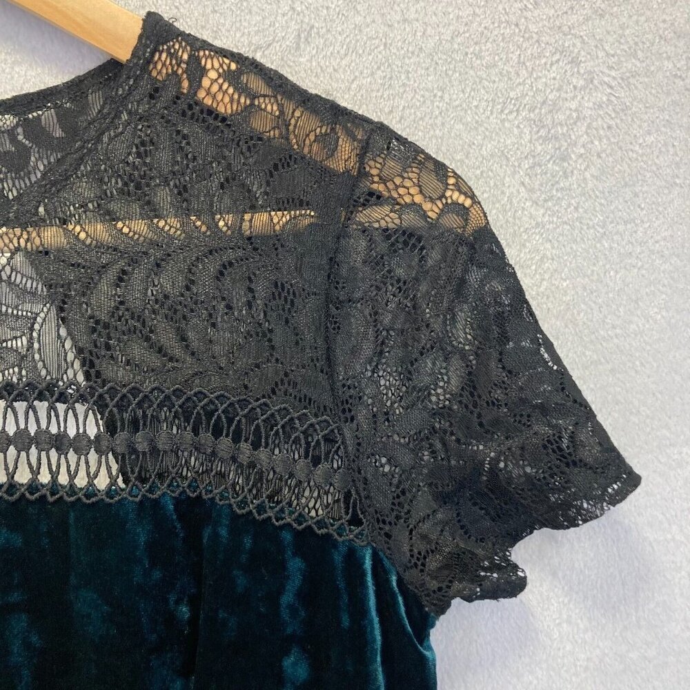 SANGRIA Green Velvet Mini Dress Women's Size 6 Lace Illusion Yoke Witchy - Picture 8 of 16
